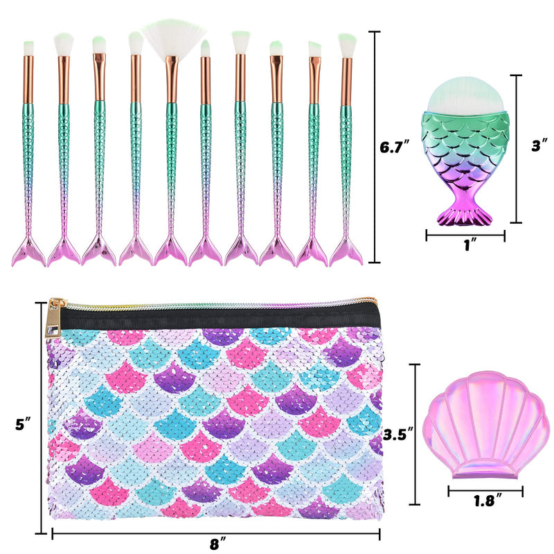 [Australia] - Mermaid Makeup Brush Sets with Bag - 13 PCS Beauty Makeup Tools Eye Shadows Eyeliner Concealer Foundation Blending Blush Brushes Shell Compact Pocket Mirror Sequins Cosmetic Case Bag Mermaid A 