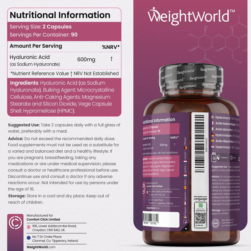[Australia] - Hyaluronic Acid Supplement 600mg (500-700 KDA) - 180 Vegan Triple Strength Hyaluronic Acid Capsules - 3 Month Supply - Natural Skin, Hair & Joint Supplement for Women & Men - Superior Absorption 