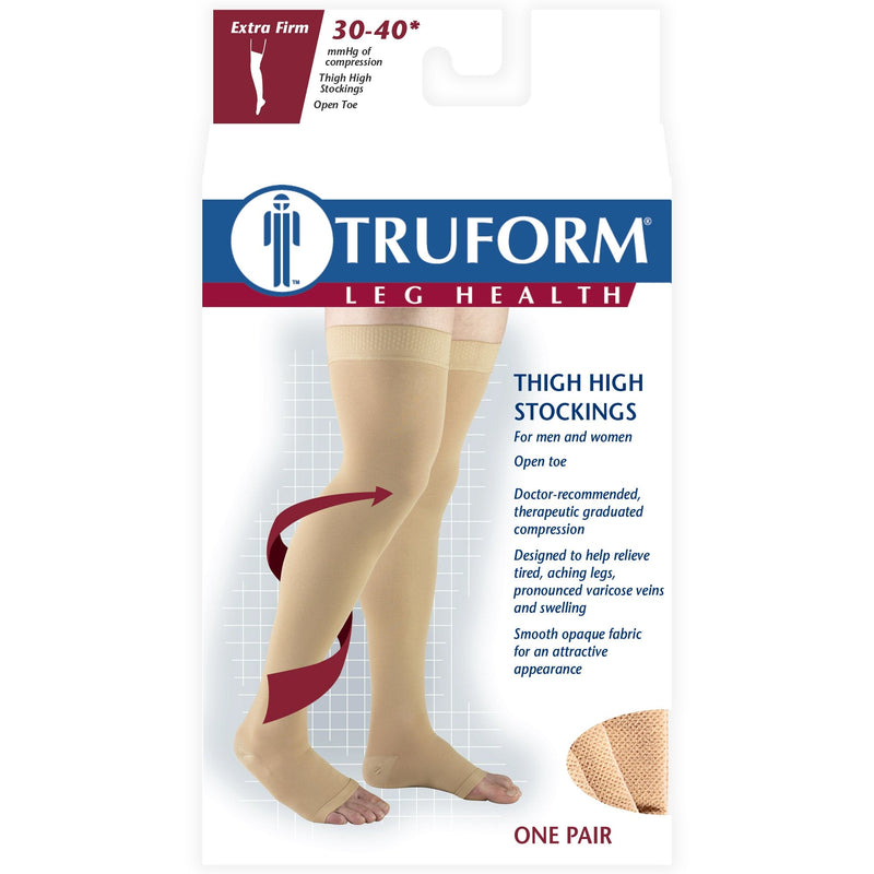 [Australia] - Truform 30-40 mmHg Compression Stockings for Men and Women, Thigh High Length, Dot-Top, Open Toe Large (1 Pair) Beige 