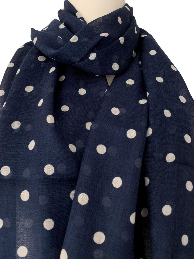 [Australia] - Purple Possum ® Navy Polka Dot Scarf Dark Blue White Spotted Wrap Ladies Cotton Blend Spotty Fair Trade Shawl 