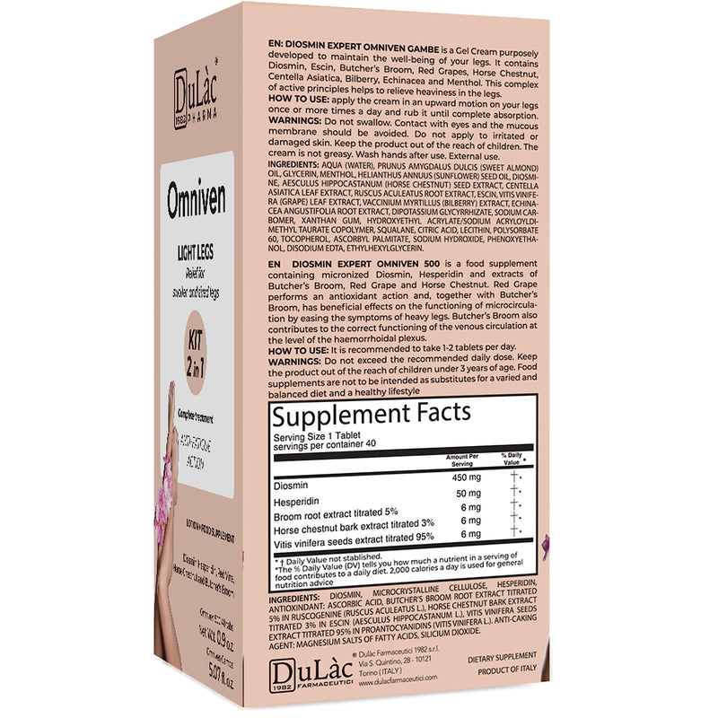 [Australia] - Veins Treatment for Legs Made in Italy Omniven 500 + Omniven Legs, Diosmin + Hesperidin 500mg, 40 Tablets + Dulàc Cold Effect Leg Cream 