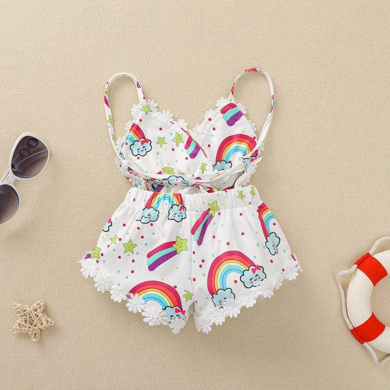 [Australia] - Toddler Baby Girl Sleeveless Straps Jumpsuit Linen Romper Shorts Playsuit Sunflower Outfit Cute Summer Clothes White-rainbow 0-6 Months 