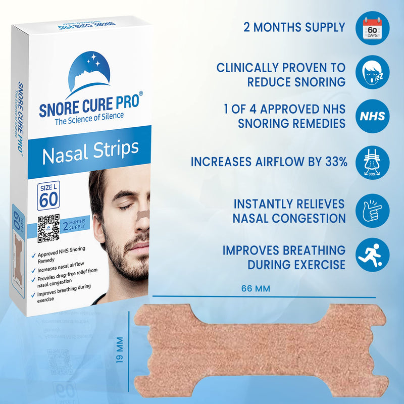 [Australia] - Snore Cure PR0 x60 Large Nasal Strips | Anti Snore Nasal Strips for Snoring | Instantly Relieves Nasal Congestion | Clinically Proven | Drug-Free | Custom Stop Snoring Hypnosis Recording + Ebook 