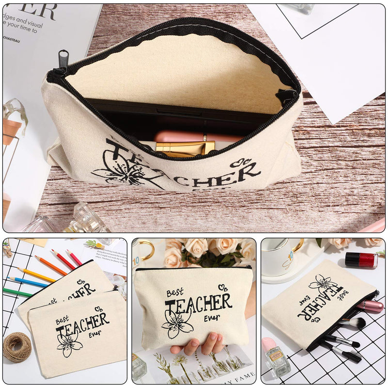 [Australia] - 12 Pieces Teacher Makeup Pouch Canvas Cosmestic Bag with Zipper Cosmetic Purse Travel Toiletry Case Pencil Bag for Teacher Appreciation Gift (Heart and Flower Pattern) Heart and Flower Pattern 
