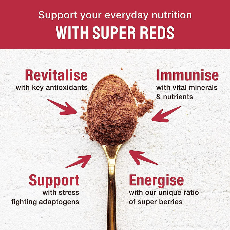 [Australia] - BodyMe Organic Vegan Reds Powder | 270g | Super Reds Blend | with Blueberry Cranberry Raspberry Rosehip Acai Beetroot Prebiotic Inulin Carob Chaga Mushroom Reishi Mushroom 