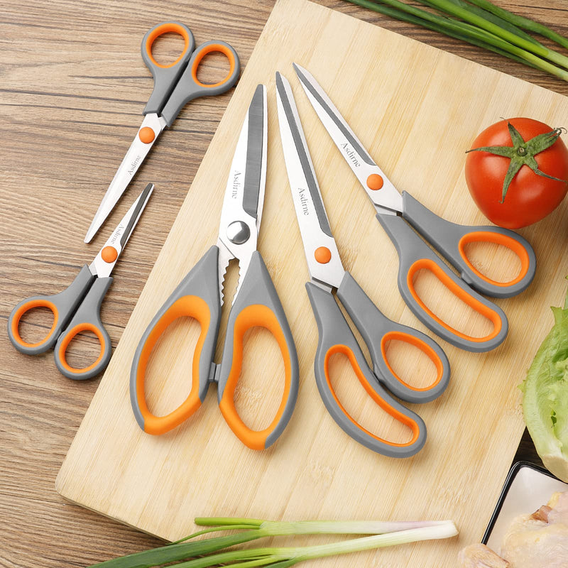 [Australia] - Asdirne Scissors, Kitchen Scissors with Sharp Stainless Steel Blades and Soft Handles, Multifunctional Scissors Set, 5PCs, Orange/Grey 