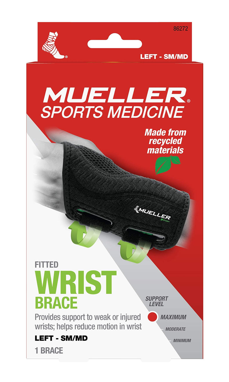 [Australia] - MUELLER Green Fitted Wrist Brace, Left Hand, Small/Medium (5-8), Black Small/Medium (Pack of 1) 