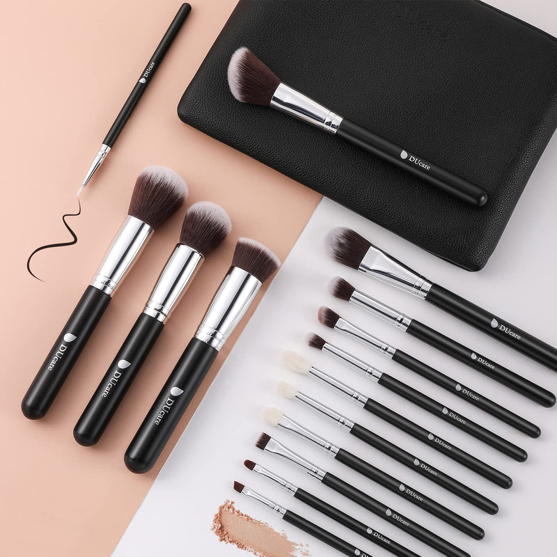 [Australia] - DUcare Travel Makeup Brushes 15pcs Professional Cosmetic Brushes Foundation Powder Contour Blush Eye Brush Gift Sets With Luxury Cosmetic Bag for Journey Carry black 