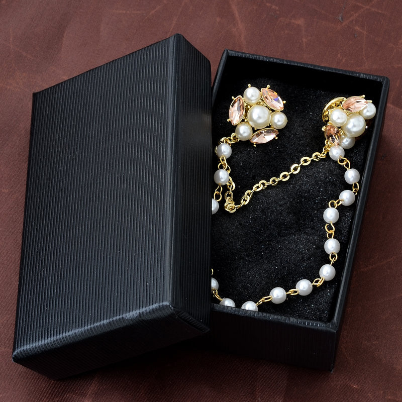 [Australia] - OBONNIE Champagne Tone Crystal Pearl Daisy Flower Brooches Pins with Pearl Chain Tassel Sweater Guard Clip Pin 