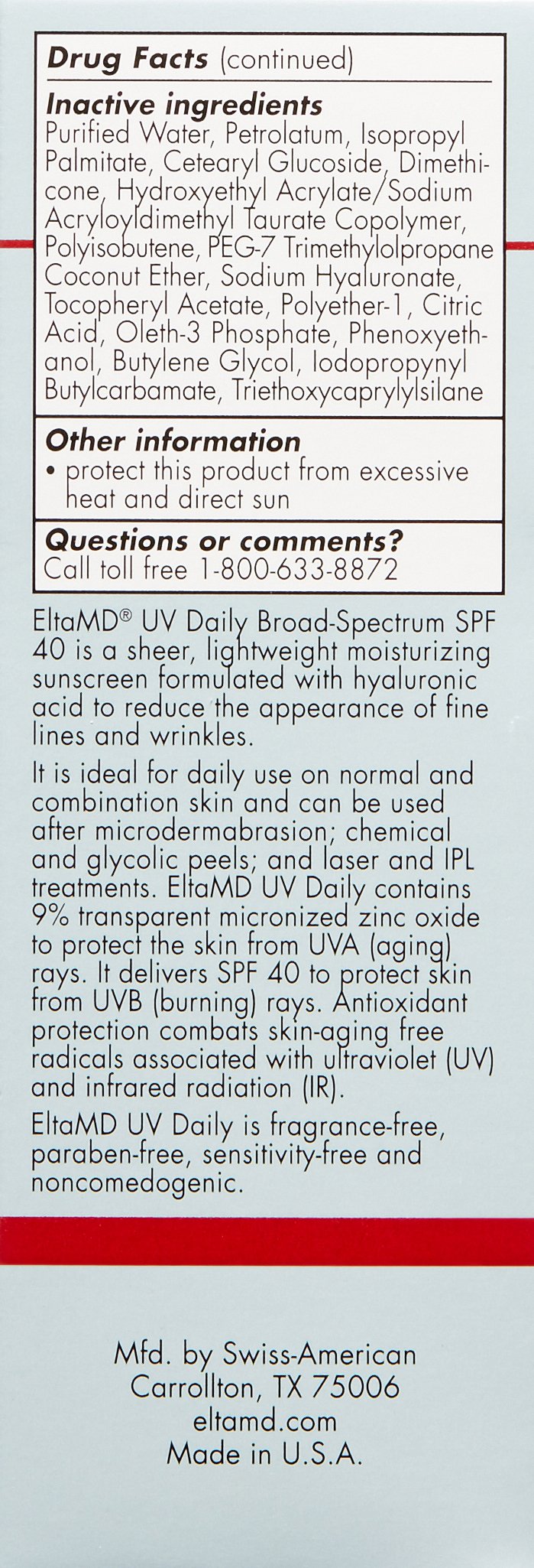 [Australia] - EltaMD UV Daily Face Sunscreen Moisturizer with Hyaluronic Acid, Broad Spectrum SPF 40, Non greasy, Sheer Zinc Oxide Lotion, Mineral-Based UVA, UVB Sun Protection, 1.7 oz Facial Sunscreen 