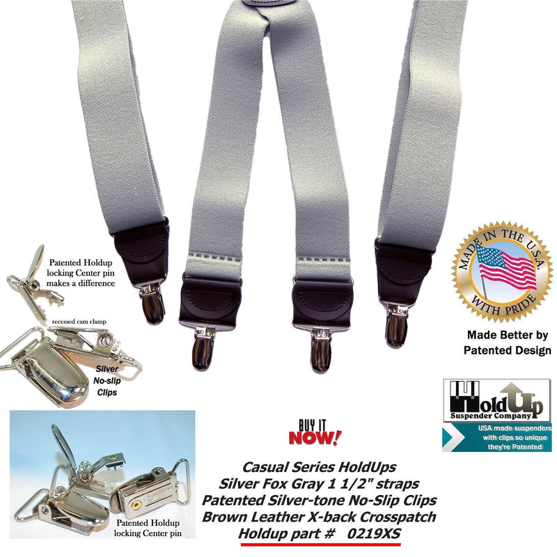 [Australia] - HoldUp Brand Silver Fox Gray X-back Suspenders are 1 1/2" Wide with patented No-slip Silver-tone Clips 