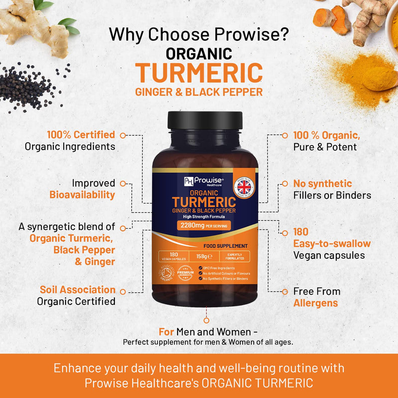 [Australia] - Organic Turmeric 2280mg (High Strength) with Black Pepper & Ginger - 180 Vegan Turmeric Capsules with Active Ingredient Curcumin I Soil Association Approved I UK Made by Prowise Healthcare 