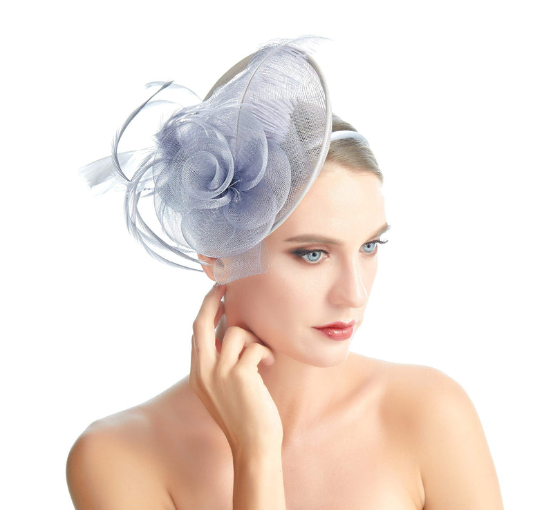 [Australia] - SACASUSA Women Feather Fascinator Mesh Net Sinamay Hat Headband Silver Grey 