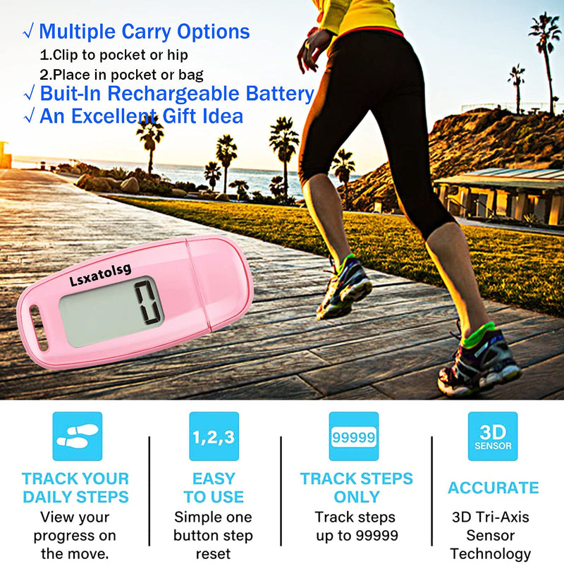 [Australia] - USB Charge Walking 3D Pedometer with Clip and Lanyard, Simple Step Counter with Rechargeable Battery, Accurate Fitness Tracker, Digital Daily Target Monitor with Large Luminous LCD Display for Whole Family Pink 