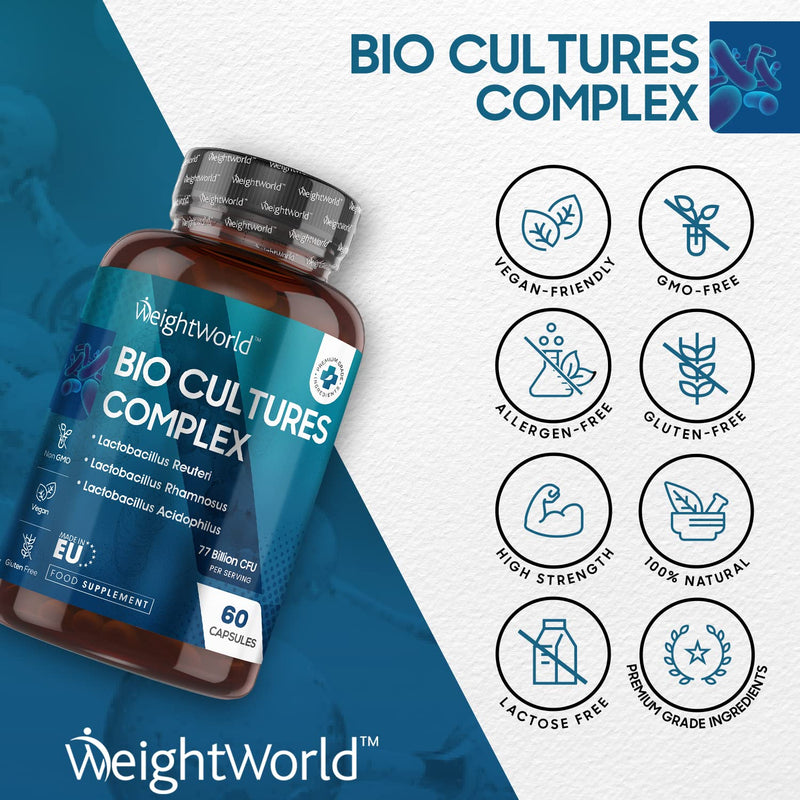[Australia] - Bio Cultures Complex 77 Billion CFU - 20 Live Bacterial Cultures with Prebiotics - 60 Vegan Capsules - Gut Health & Digestive Enzyme Supplement With Lactobacillus Acidophilus, Reuteri, Bifidobacterium 