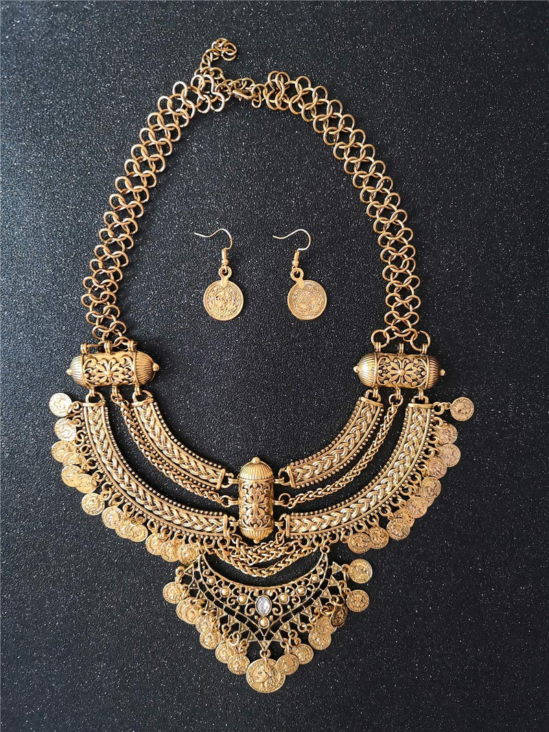 [Australia] - Ufraky Women Vintage Bohemian Ethnic Gypsy Bib Chunky Festival Statement Coin Necklace and Earrings Set Anti gold 