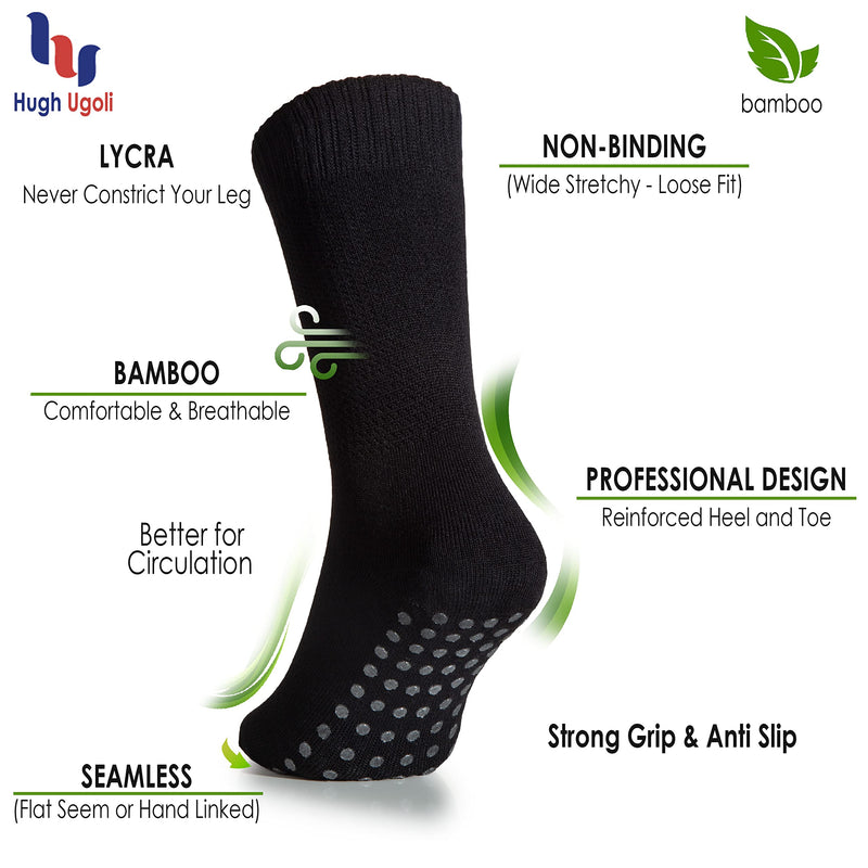 [Australia] - Hugh Ugoli Women's Bamboo Non Slip Grip Diabetic Crew Socks Thin Non Skid Hospital Socks With Seamless Toe, 3 Pairs 6-9 Black 
