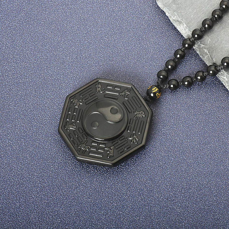 [Australia] - ASGIFT Unique Gifts for Men Women, Black Obsidian Charms Necklace, Healing Crystal Stone Pendant Bagua 