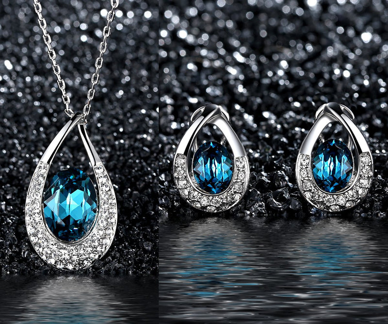 [Australia] - [Presented by Miss New York] Leafael"Angel's Teardrop" Made with Premium Crystals Blue Zircon Jewelry Set Earrings Necklace, 18" +2", Nickel/Lead/Allergy Free, Luxury Gift Box Blue Main Crystal/Silver-tone Chain 