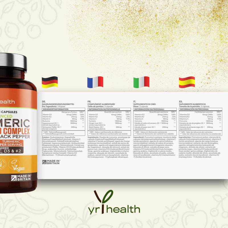 [Australia] - Turmeric Capsules High Strength 1860mg with Black Pepper, Ginger, Vitamin C & D for Immune System & Joints Plus K2 Mk7 - 120 Vegan Capsules Premium Turmeric Curcumin – Made in The UK by YrHealth 