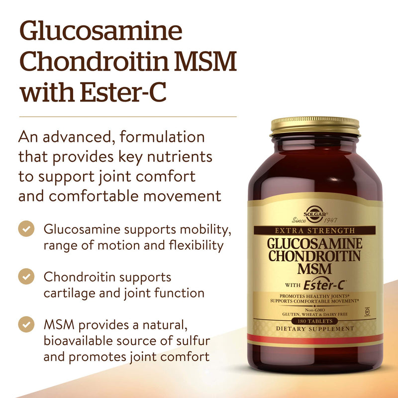 [Australia] - Solgar Extra Strength Glucosamine Chondroitin MSM w/ Ester-C, 180 Tablets - Promotes Healthy Joints, Supports Comfortable Movement & Collagen Formation - Non-GMO, Gluten Free, Dairy Free - 60 Servings 