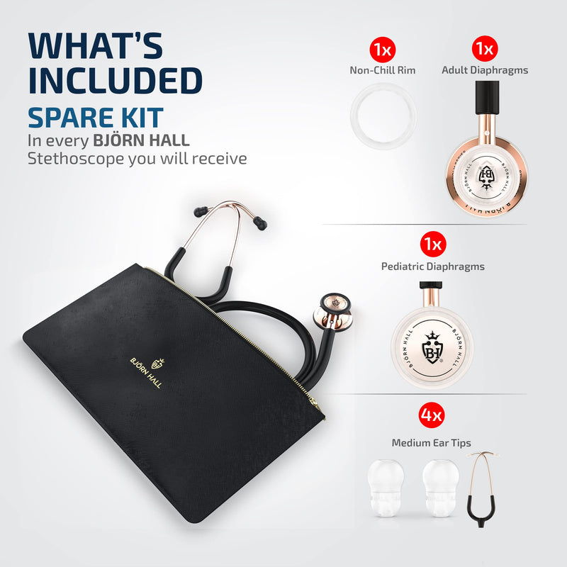 [Australia] - BJÖRN HALL Rose Gold Black Stethoscope with Designer Carrying Case | Stainless Steel Turnable Chest Piece | Super Lightweight 5.9oz| Perfect Gift for Nurses Veterinary & Students | Black Tubing RGB Black Rose Gold 