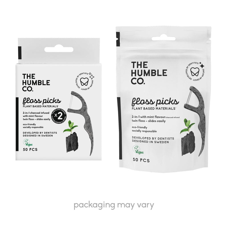 [Australia] - The Humble Co. Plant Based Floss Picks | Charcoal| Eco-Friendly, Vegan for Your Everyday Oral Care - Dentist Approved - Removes Plaque and Gives a Fresh Feel (2 x 50p) 2 x 50 p 