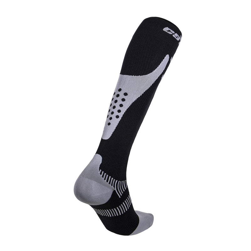 [Australia] - CSX 20-30 mmHg Compression Socks for Men and Women, Knee High, Recovery Support, Athletic Sport Fit, Silver on Black, Large Large (20-30 mmHg) 