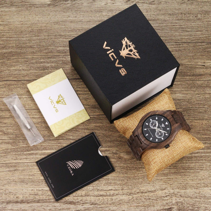 [Australia] - VICVS Men's Wooden Watch, 100% Natural Rosewood/Black Walnut/Olive Wood Multifunctional Quartz Chronograph Luminous Watch Bracelet Watch 