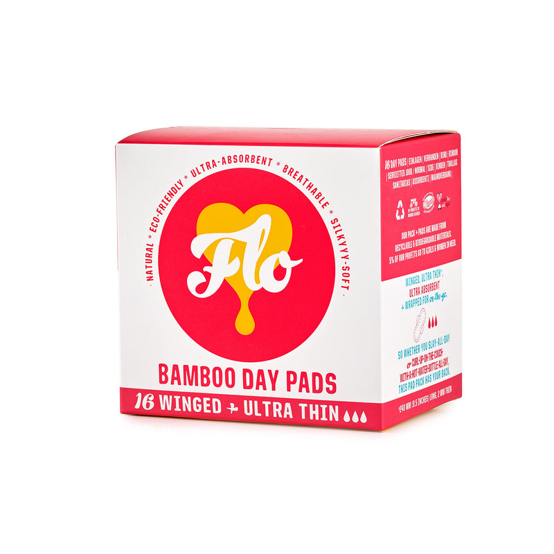 [Australia] - FLO Organic Bamboo Sanitary Pads with Wings - Silky Soft, Ultra- Absorbent Biodegradable - Ultra-Thin Day Pads Pack - 16 Count 
