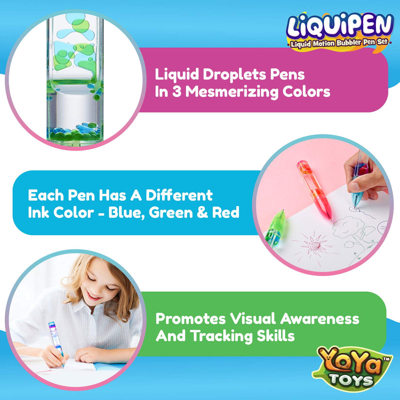 [Australia] - YoYa Toys Liquipen - Liquid Motion Bubbler Pens Sensory Toy (3 Pack) - Writes Like a Regular Pen - Colorful Liquid Timer Pens Great for Stress and Anxiety Relief - Cool Fidget Toys for Kids and Adults 