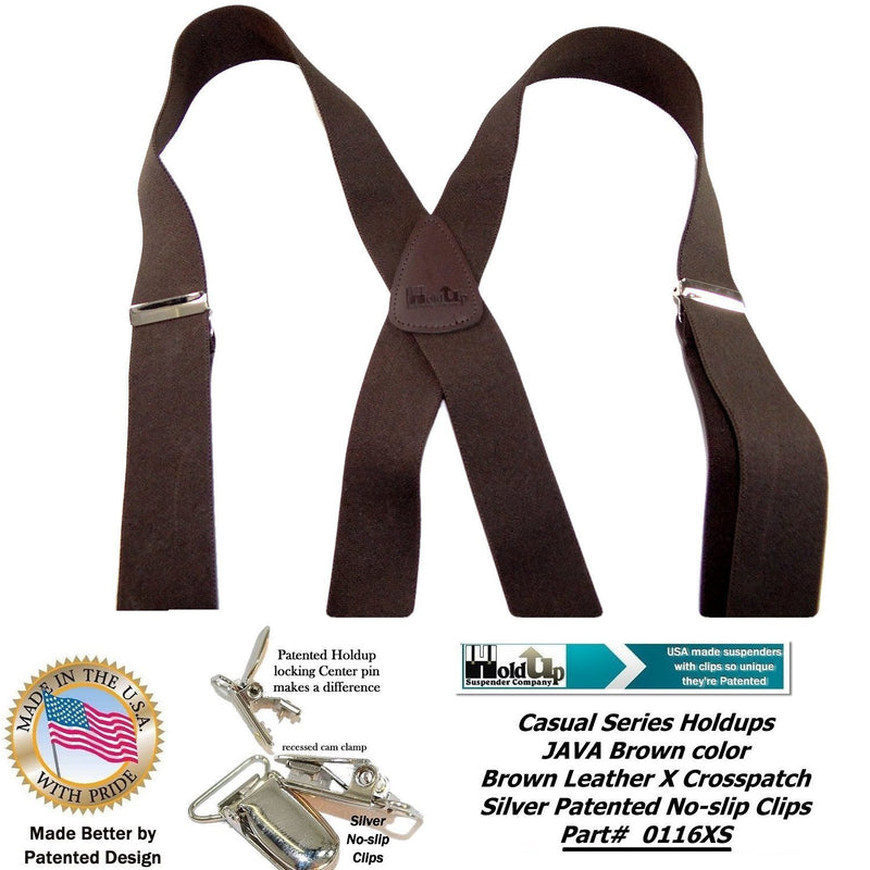 [Australia] - Hold-Up Dark Java Brown X-back Suspenders with Patented No-slip Silver Clips 