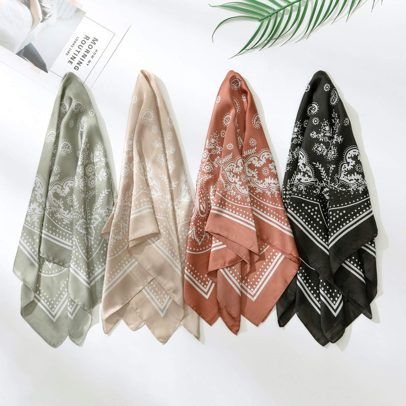 [Australia] - 4 Pcs 26.5×26.5 inches Silk Feel Satin Square Head Scarves for Women Neck Hair Scarves Hair Bandanas Black+champagne+sage+coral Brown 