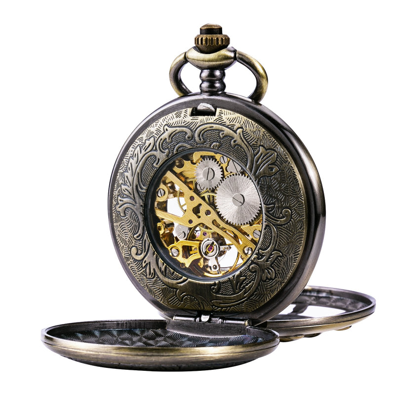 [Australia] - TREEWETO Bronze Double Cover Roman Numerals Dial Skeleton Mens Women Pocket Watch 