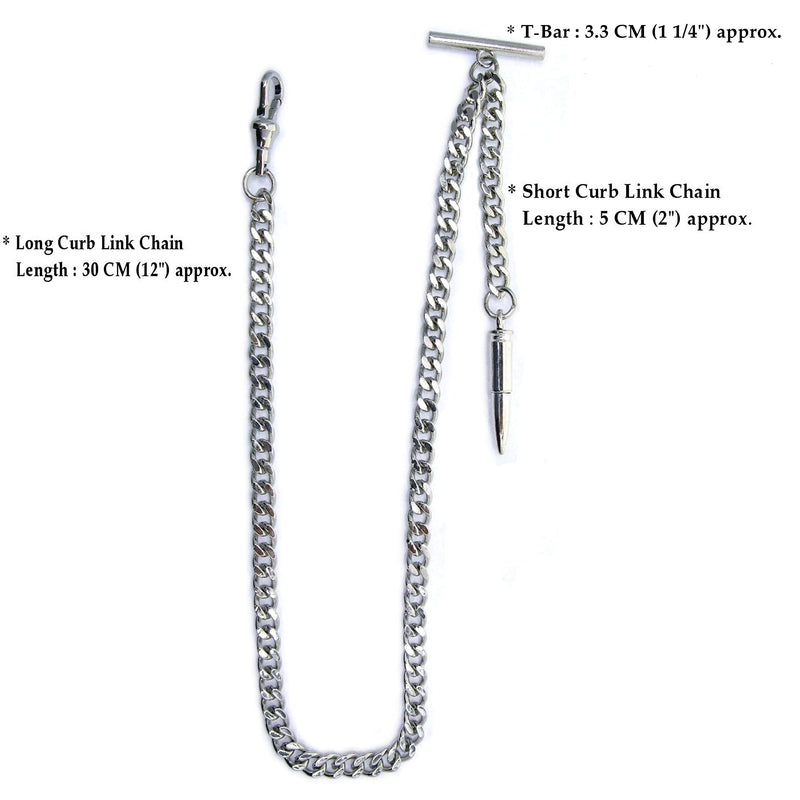 [Australia] - WATCHVSHOP Albert Chain Silver Tone Fine Polish Pocket Watch Chain Vest Chain with Bullet Design Fob on Drop T Bar Swivel Clasp AC152A 