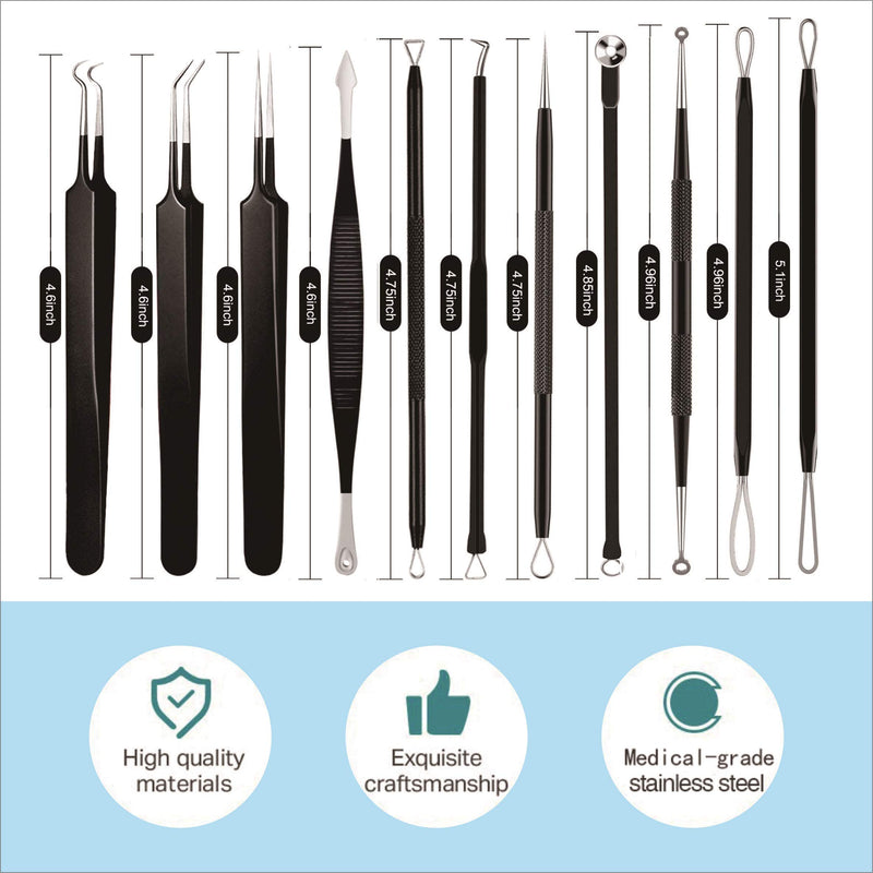 [Australia] - [New]Blackhead Remover Tool 11PCS, Ybaoo Professional Pimple Popper Tool Kit - Treatment for Blackheads, Pimples, Whiteheads and Zit Popper and Metal Case (Black) 