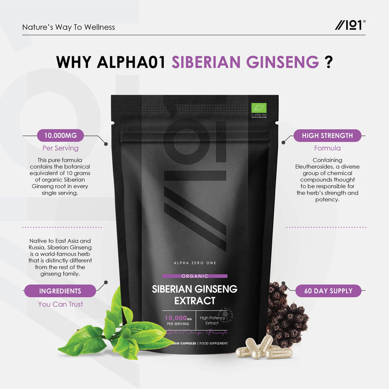 [Australia] - Organic Siberian Ginseng 10,000mg - High Strength Eleutherococcus Senticosus 15:1 Extract - No Additives — Non-GMO, Gluten Free, Halal. ֿ120 Vegan Capsules 1 Pack 