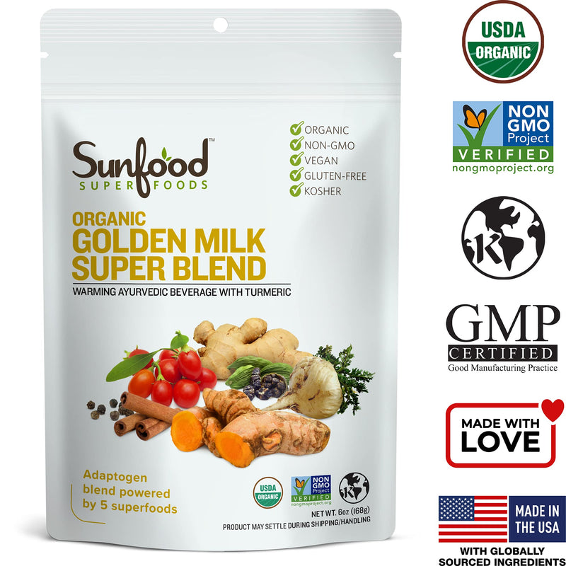 [Australia] - Sunfood Superfoods Golden Milk Super Blend - All Natural, Organic Ingredients | Ultra-Clean (No Chemicals, Artificial Flavor, Additives or Fillers) | Non-GMO, Gluten-Free, Vegan, Kosher | 6 oz Bag 