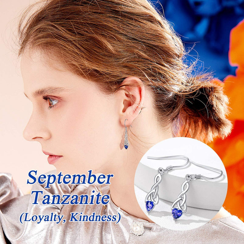 [Australia] - Silvora Sterling Silver Celtic Knot Drop Earrings with Heart Birthstone Charms for Women Non-Sensitive Ears Vintage Birthstone Jewelry 09. September Birthstone-Sapphire 