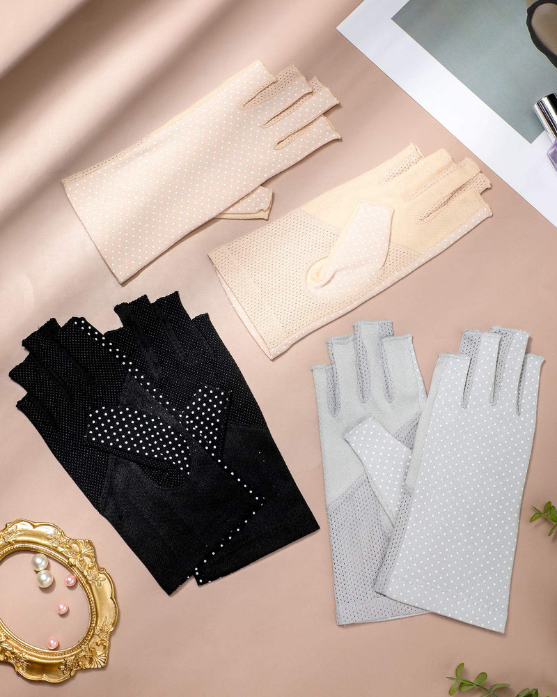 [Australia] - 3 Pairs Sunblock Fingerless Gloves Non-slip UV Protection Driving Gloves Summer Outdoor Gloves for Women Girls Black, Light Beige, Light Gray 