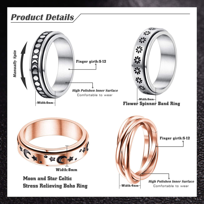 [Australia] - FUNRUN JEWELRY 4 Pcs Stainless Steel Spinner Ring for Women Mens Fidget Band Rings Moon Star Celtic Stress Relieving Wide Wedding Promise Rings Set 5-12 