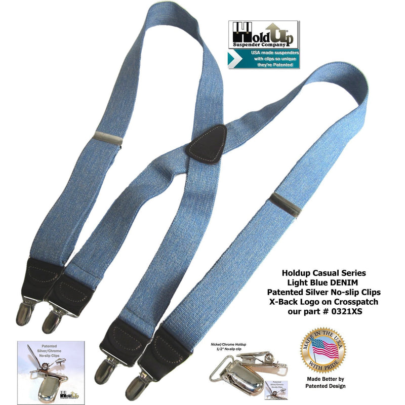 [Australia] - Holdup Suspenders in Light Blue Denim color have USA made 1 1/2" wide straps and X-back Crosspatch with No-slip Silver Clips 