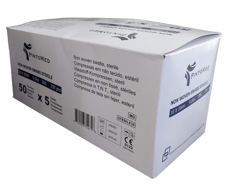 [Australia] - PintoMed - Non-Woven Swabs Sterile, Soft Wound Care, Absorbent, First Aid, 10cm x 10cm 4Plys - Pack of 250 Pcs, 50 Pouches, 5 per Pouch 