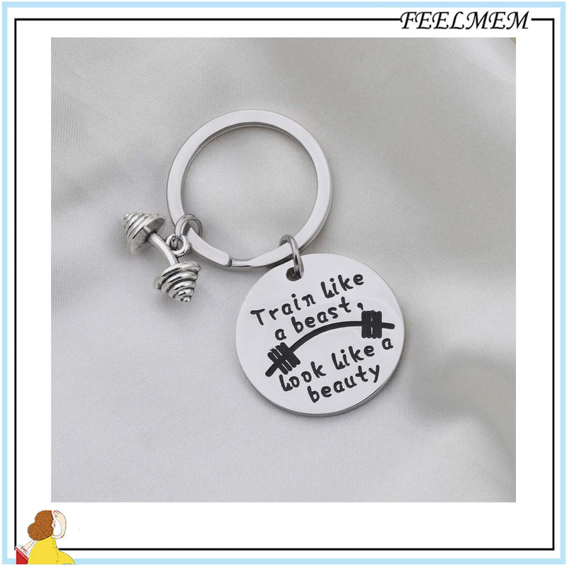 [Australia] - FEELMEM Workout Gift Fitness Gift Train Like a Beast Look Like a Beauty Sports Quotes Bodybuilding Keychain Gift for Bodybuilder Personal Trainer Silver 