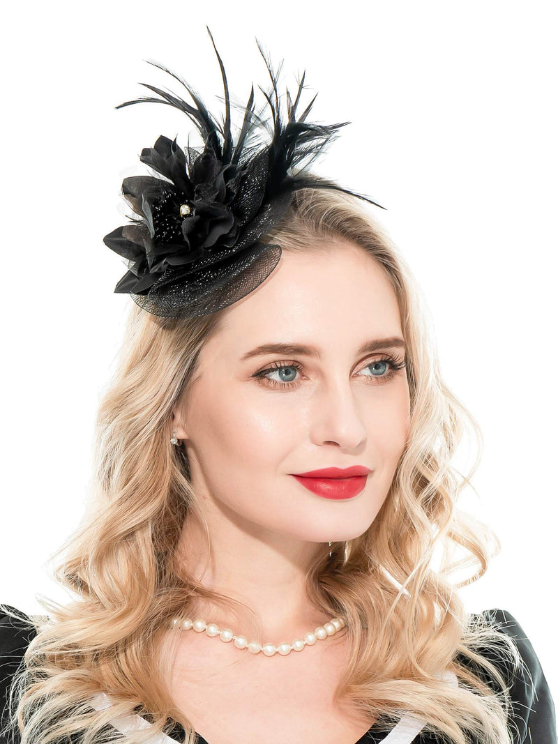 [Australia] - Fascinators Headband for Women Tea Party Hat Kentucky Derby Wedding Flower Mesh Feathers Hair Clip 10-black 