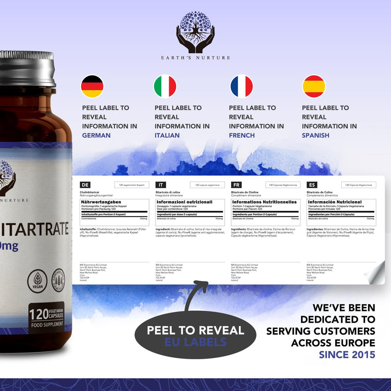 [Australia] - EN Choline Bitartrate | 120 High Strength Choline Supplement - 700mg per Serving | 120 Nootropics Choline Capsules | Non-GMO, Gluten, Dairy & Allergen Free | Manufactured in The UK 