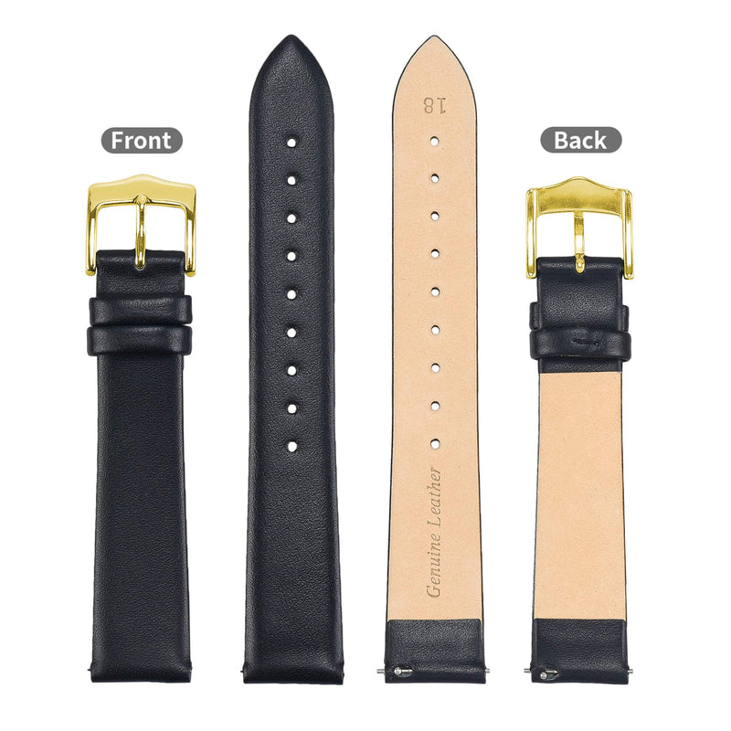 [Australia] - EACHE Quick Release Men & Women Leather Watch Bands Thin Leather Watch Straps for Ladies 12mm 14mm 16mm 18mm 20mm More Color For Choice Black-Gold Buckle 