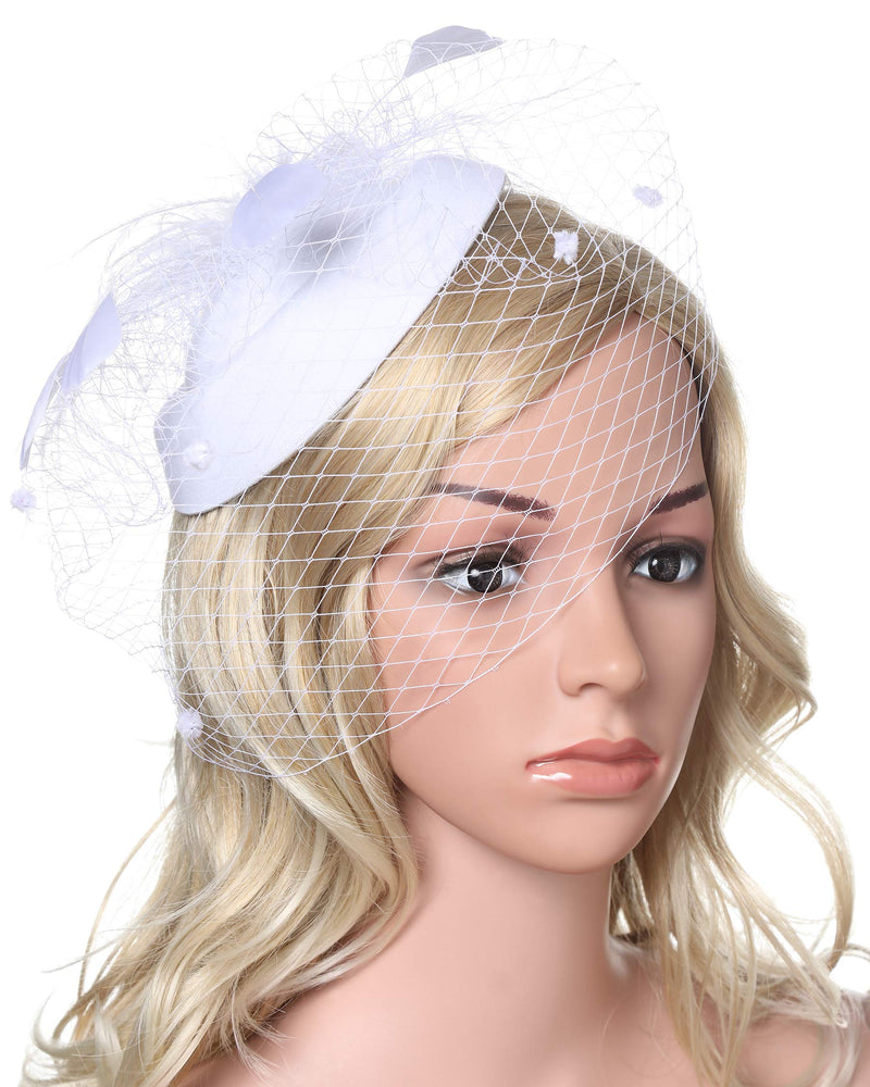 [Australia] - BABEYOND Women’s Fascinators Hat Hair Clip Pillbox Hat Tea Party Fascinator Hat with Veil Headband for Cocktail Wedding Hair Accessories (White) White 