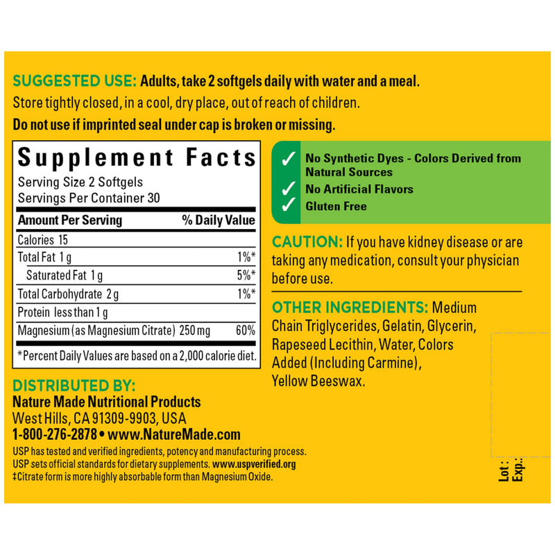 [Australia] - Nature Made Magnesium Citrate 250 mg, Dietary Supplement for Muscle Support, 60 Softgels, 30 Day Supply 60 Count (Pack of 1) 