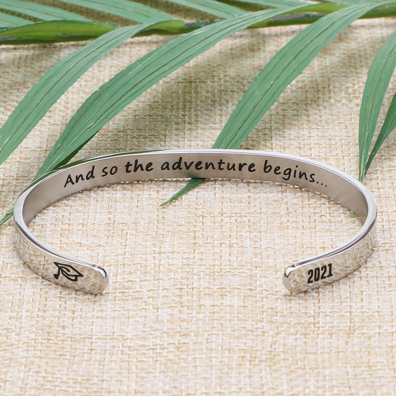 [Australia] - Joycuff Inspirational Bracelets for Women Hidden Message Mantra Cuff Bangle Stainless Steel Friend Encouragement Gift 2021-And so the adventure begins 